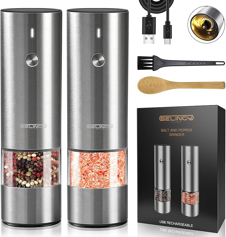 Rechargeable Electric Salt and Pepper Grinder Set - Stainless Steel, with USB Type-C Cable, LED L... | Amazon (US)