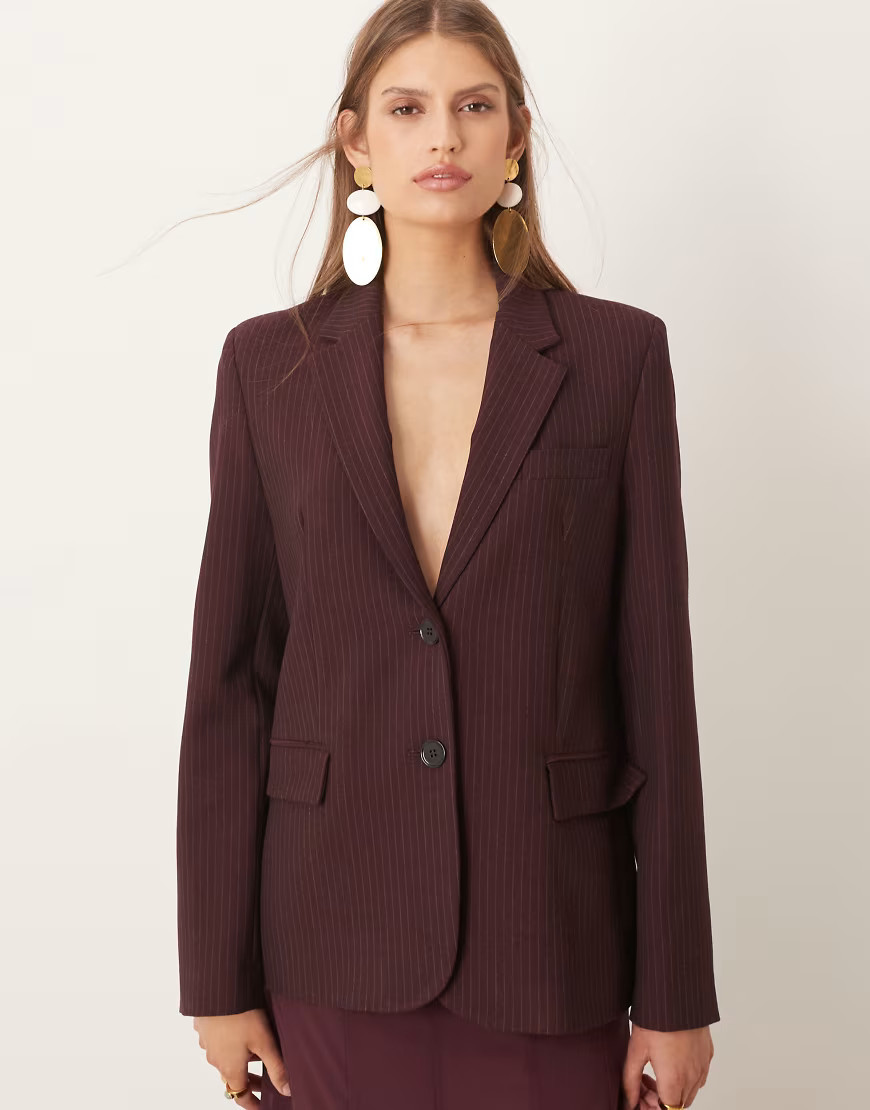 Mango Bergen classic tailored blazer in burgundy pinstripe | ASOS (Global)