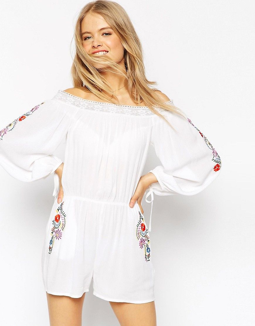 ASOS Off Shoulder Romper with Lace Trim and Floral Embroidery - Multi | ASOS US