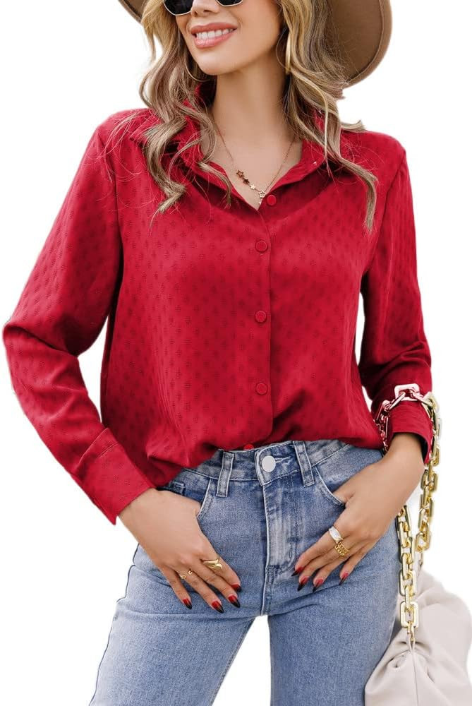 Button Dwon Shirts for Women Long Sleeve Business Casual Tops V Neck Loose Fit Work Wear | Amazon (US)