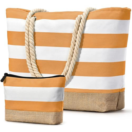 Becokan Beach Bag Initial Beach Tote with Makeup Bag for Travel, Work, Storage Personalized Birthday Gifts for Women Her (Plain, Orange) | Amazon (US)