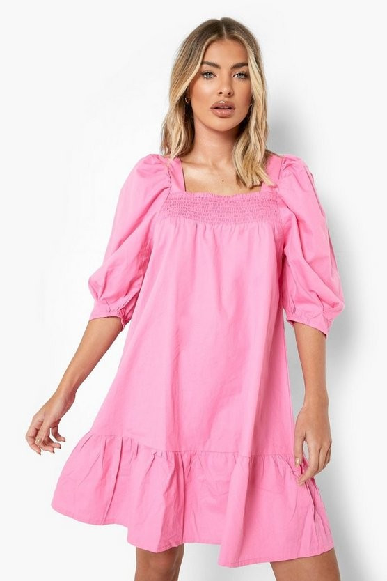 Cotton Puff Sleeve Dropped Hem Smock Dress | Boohoo.com (UK & IE)