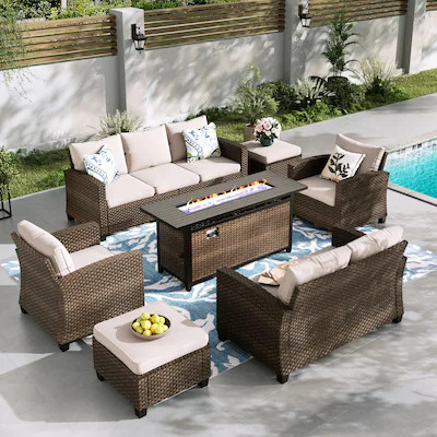 Sunshine Valley 7 -Piece Wicker Patio Sofa Conversation Set with Tan CUSHION PRO Cushions Lowes.c... | Lowe's