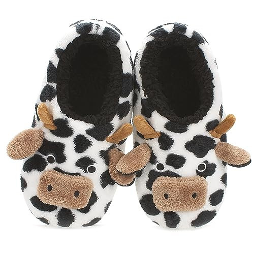 Cozylook Cute Animal Indoor Slippers for Women Kids Girls Boys, Fuzzy Bedroom Cartoon Slip On Shoes, Kawaii Funny Face Warm Cozy Fluffy House Socks, Fun Christmas Gifts Unique, Cow Size 4-6 | Amazon (US)