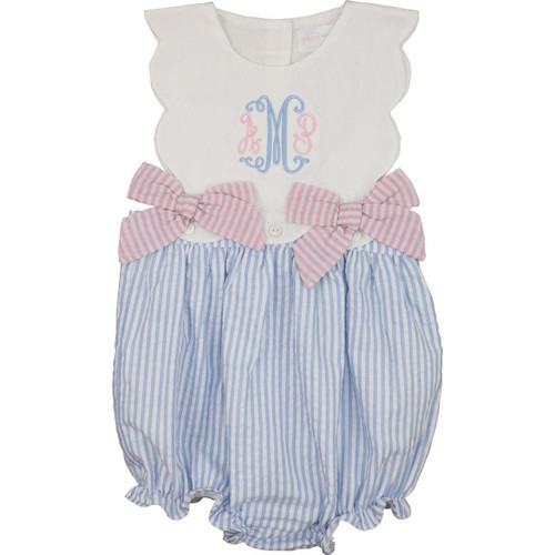 Blue And Pink Seersucker Scalloped Bow Bubble | Cecil and Lou