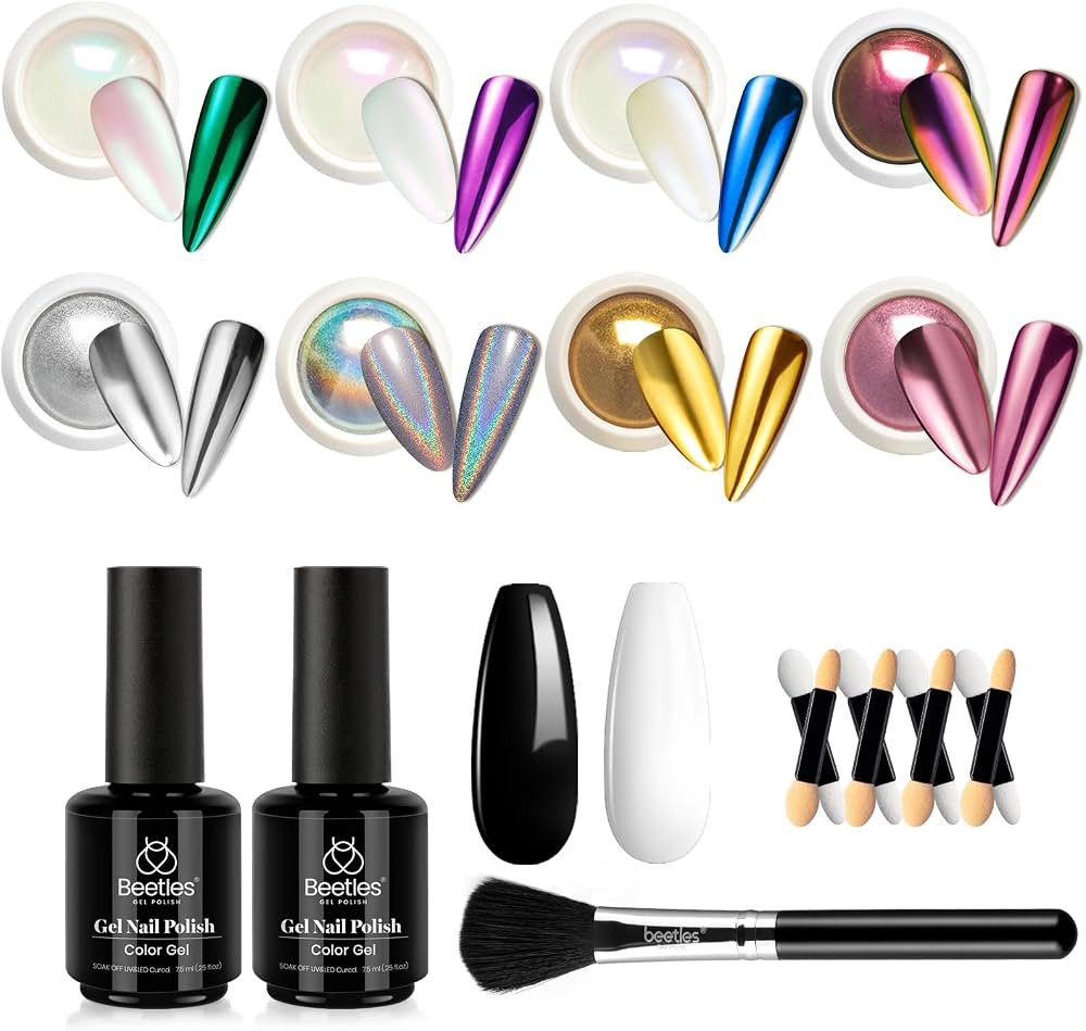 Beetles Metallic Chrome Nail Powder Kit Black White Colors Gel Polish Mirror Effect Holographic M... | Amazon (US)