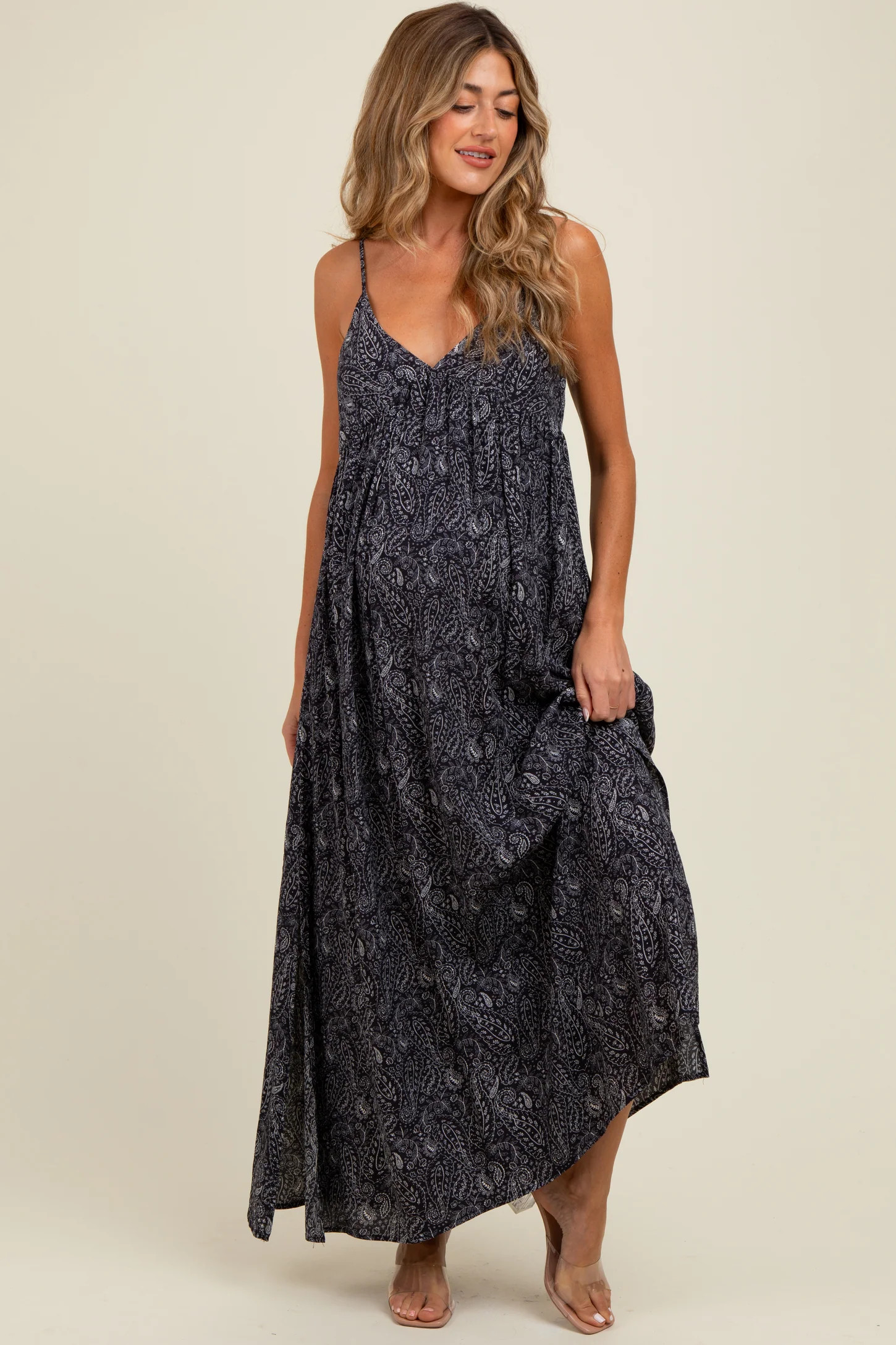 Navy Paisley Print Sleeveless Side Slit Maternity Maxi Dress | PinkBlush Maternity