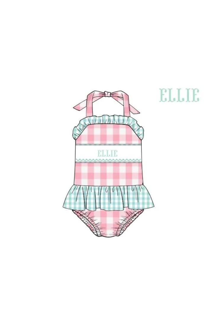Pre-Order Hand Smocked Custom Name Gingham Swimsuit | The Smocked Flamingo