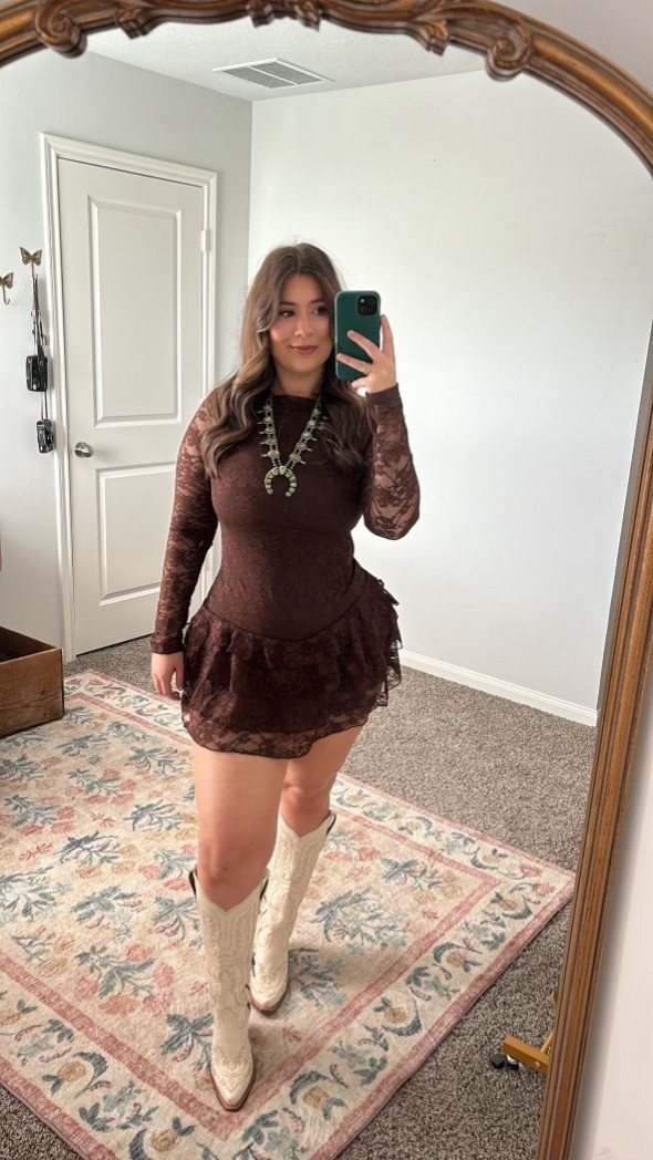 the perfect western chic wedding guest dress. size medium! all linked items are exact.

#LTKWedding #LTKootd #LTKMidsize

western style, western fashion, cowgirl chic, chocolate brown, lace, mini dress, cowgirl boots 