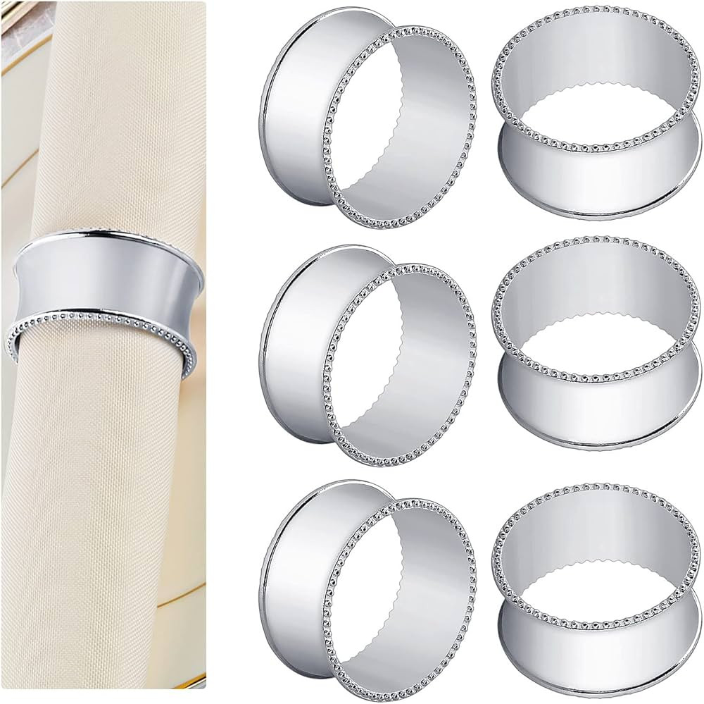 12 Pcs Stainless Steel Bead Side Napkin Rings Delicate Serviette Buckles (Silver) | Amazon (US)
