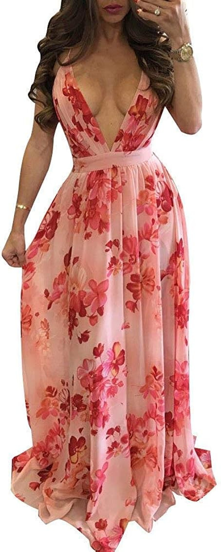 Remelon Womens Sexy Spaghetti Strap Deep V Neck Floral Boho Criss Cross Backless Chiffon Beach Pa... | Amazon (US)