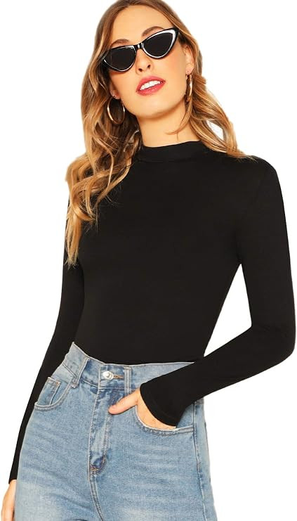 Verdusa Women's Basic Mock Neck Slim Fitted Long Sleeve Pullovers Tee Tops | Amazon (CA)