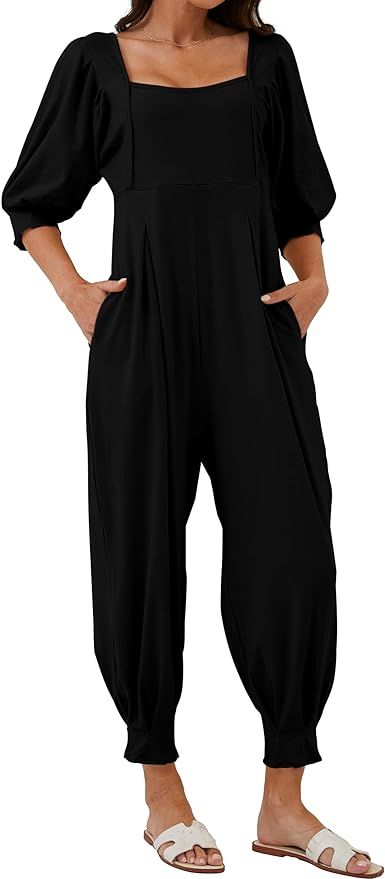 Labolliy Women Casual Loose Jumpsuits Solid Square Neck Puff Half Sleeve V-back Long Harem Pants ... | Amazon (US)