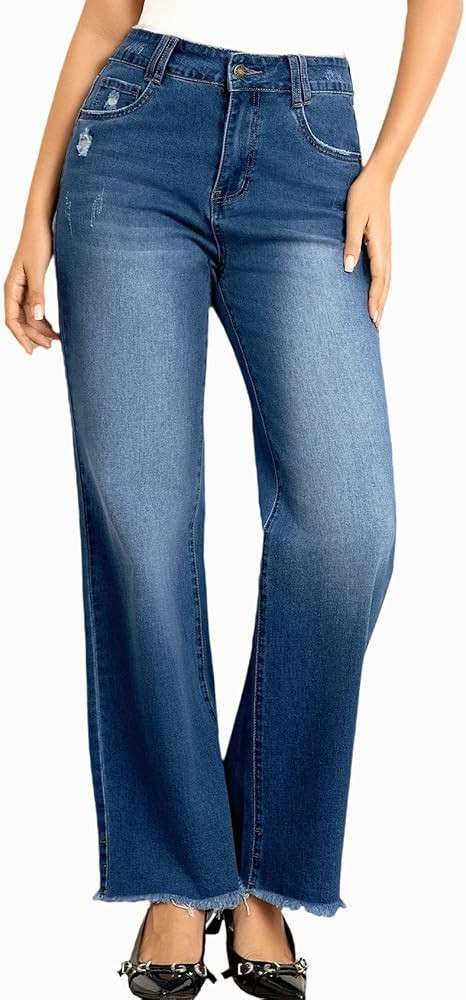 JK SUE JONES Wide Leg Jeans for Women Mid High Waist Straight Leg Boyfriend Mom Denim Pants Fraye... | Amazon (US)