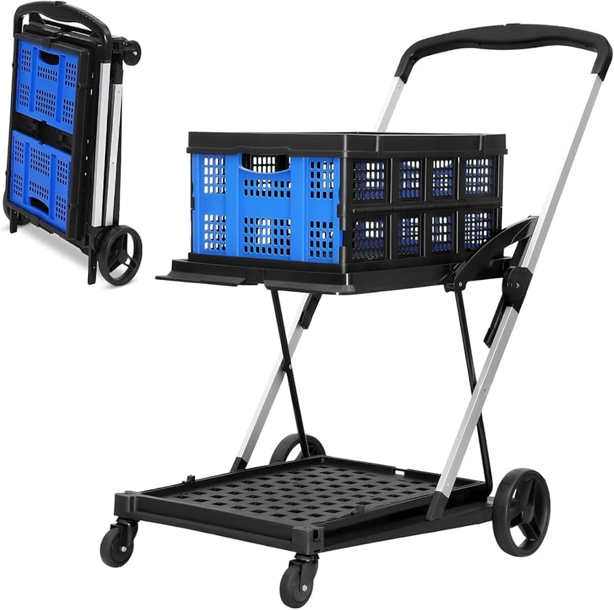 PioneerWorks Folding Shopping Cart with Wheels, Collapsible Cart with Storage Crate, 2-Layer Util... | Amazon (US)