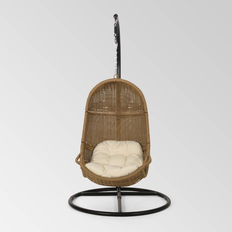 Ripley Outdoor Wicker Hanging Chair with Stand - Light Brown/Beige - Christopher Knight Home | Target