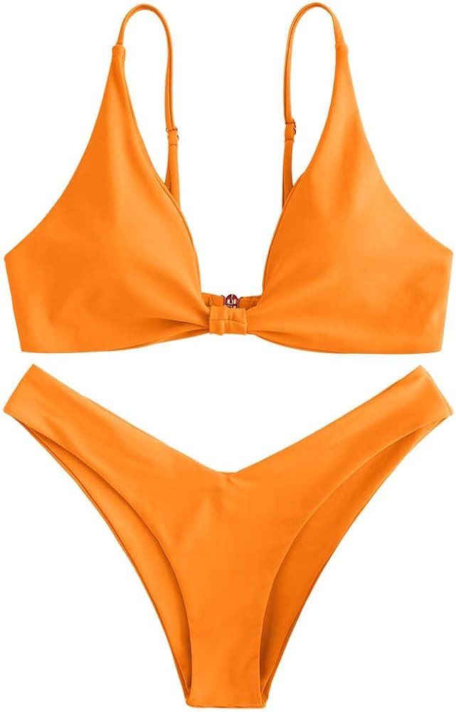 ZAFUL Women's Tie Knot Front Spaghetti Strap High Cut Bikini Set Swimsuit | Amazon (US)