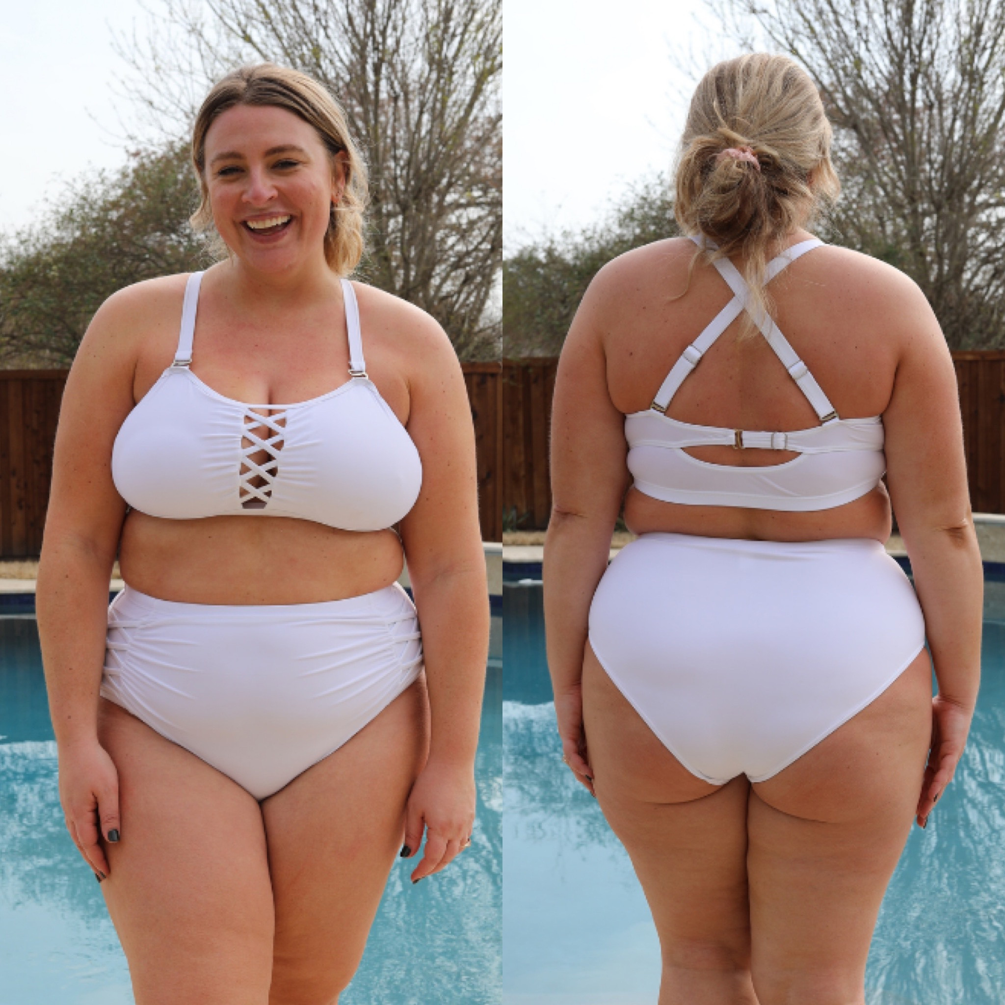 I think this plus size Amazon two piece swimsuit runs a on the smaller side. I originally ordered this in XL last summer and it was squeezing me tight! I opted for XXL this season, the photo above, and it's a much better fit. I love the front and back details of this bikini top. I wasn't sure if it was meant to be strapless or just have the flexibility to criss cross the straps (because you can remove them). Anyways, I did try the strapless option and that would be a "tanning only" vibe, as the weight of my boobs was not supported enough to be strapless. The booty is fairly cheeky on me and goes up really high on my backside. I love the front ruching detail on the waistline.

You can find this $31 Amazon swimsuit in sizes large-24 plus. I am wearing XXL. It comes in 21 colors and prints. #amazonbathingsuit #amazonswimsuits #plussizebikini #swimsuit #bigboobs #highwaisted

#LTKcurves #LTKunder50 #LTKswim
