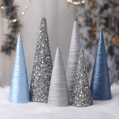 Anglechic 6 Pcs Silver Christmas Velvet Cone Trees Decoration Christmas Glitter Tree Table Centerpiece Silver Ornaments Table Centerpiece for Xmas Tabletop Crafts Wedding Party Room Decoration | Amazon (US)
