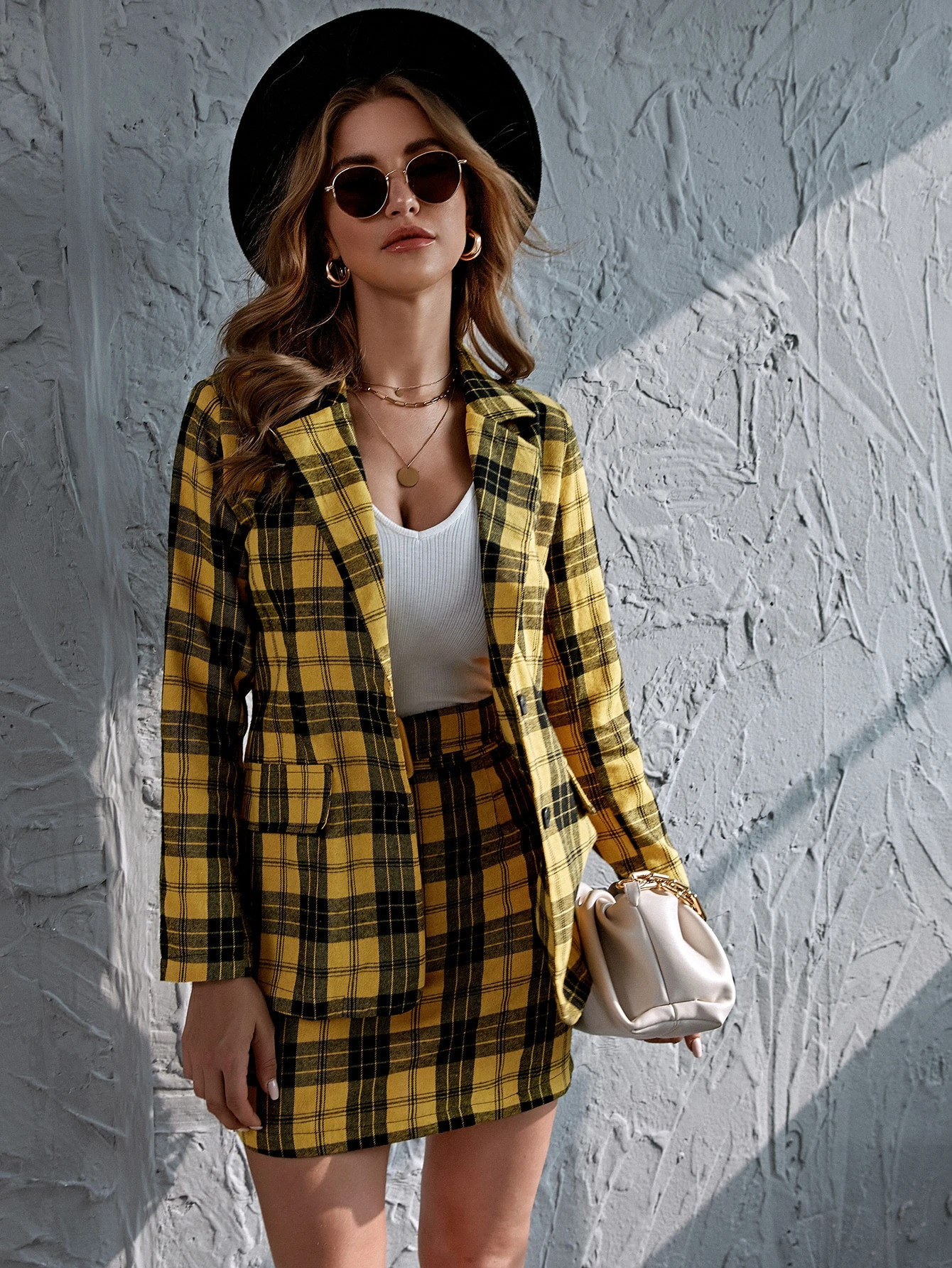 Lapel Collar Plaid Belted Blazer & Skirt | SHEIN