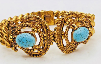 Vtg. FLORENZA Gold Tone Hinged Clamper Bracelet w. Faux Turquoise Stones 6+In. | eBay US