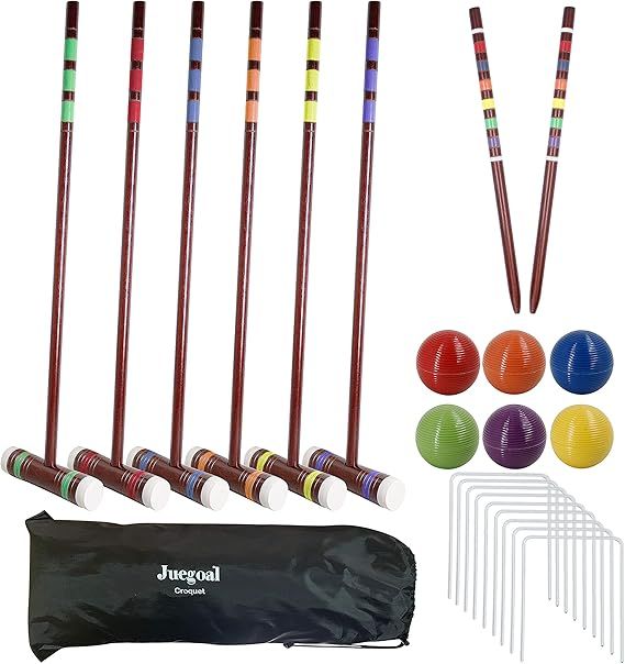 Juegoal Six Player Deluxe Croquet Set with Wooden Mallets, Colored Balls, Brown Vintage Style, St... | Amazon (US)