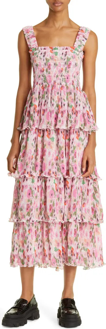 Floral Print Smocked Plissé Georgette Midi Dress | Nordstrom