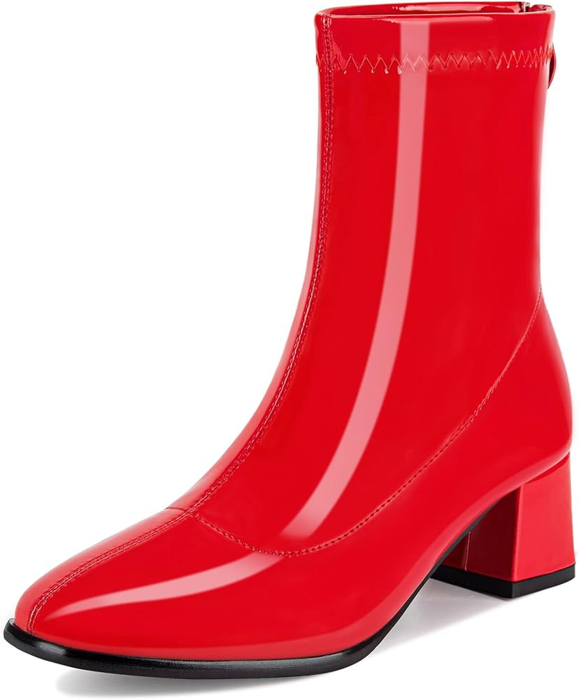 Women's GO GO Ankle Boots Patent leather PU Square Toe Mid Calf Boots Low Block Heel Booties Back... | Amazon (US)