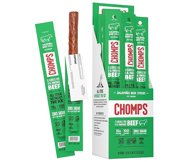 Chomps Grass-Fed and Finished Jalapeño Beef Jerky Snack Sticks 24-Pack - Keto, Paleo, Whole30, 1... | Amazon (US)
