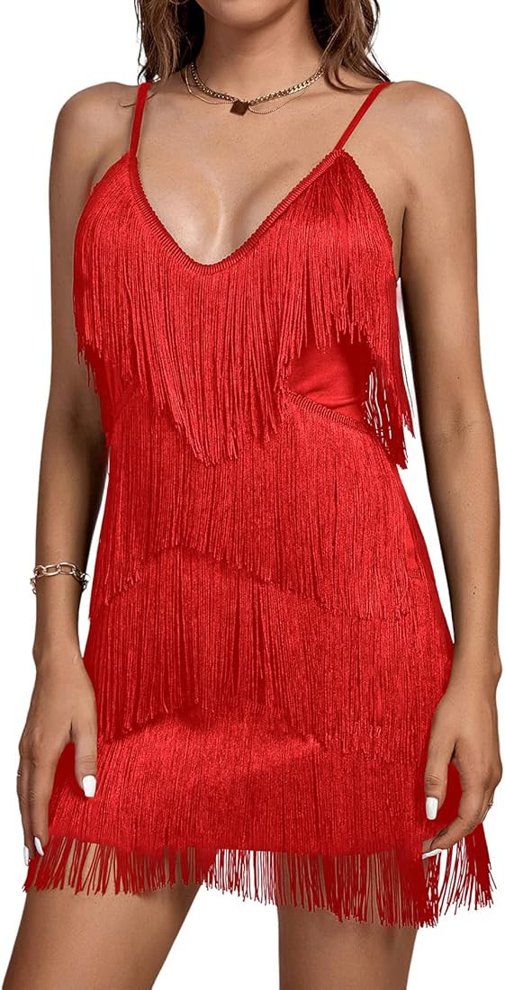 Umenlele Women's Layered Fringe Deep V Neck Cami Mini Dress Sleeveless Tassels Flapper Dresses | Amazon (US)