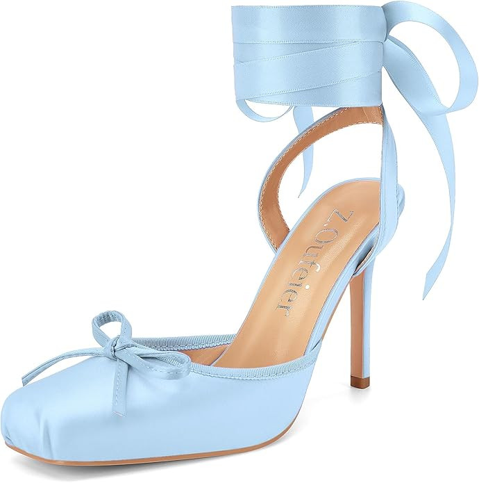 Women's Satin Ballet Heels Ballerina Bow Closed Square Toe Strappy Stiletto High Slingback Lace U... | Amazon (US)