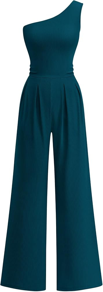 KIRUNDO Jumpsuit For Women Dressy Casual 2026 Summer Sleeveless One Shoulder Rib Wide Leg Rompers... | Amazon (US)