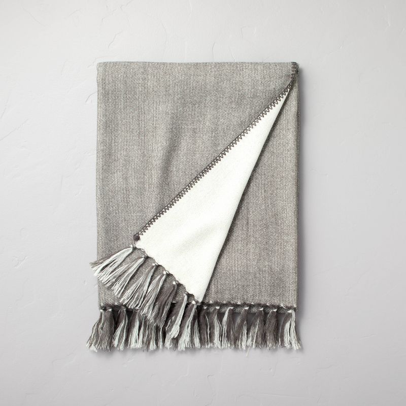 Simple Center Stripe with Knotted Fringe Throw Blanket Gray/Cream - Hearth &#38; Hand&#8482; with... | Target