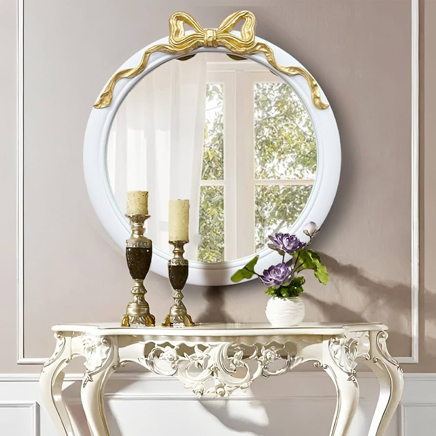 28 inch Round/Circle Wall Mirror, Vanity Bow Mirror for Wall Decor, Decorative Antique White&Gold... | Amazon (US)