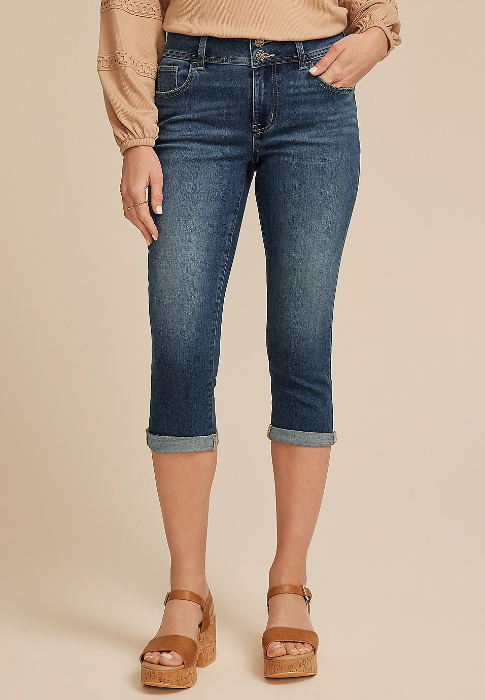 m jeans by maurices™ Classic Mid Rise Double Button Capri | Maurices