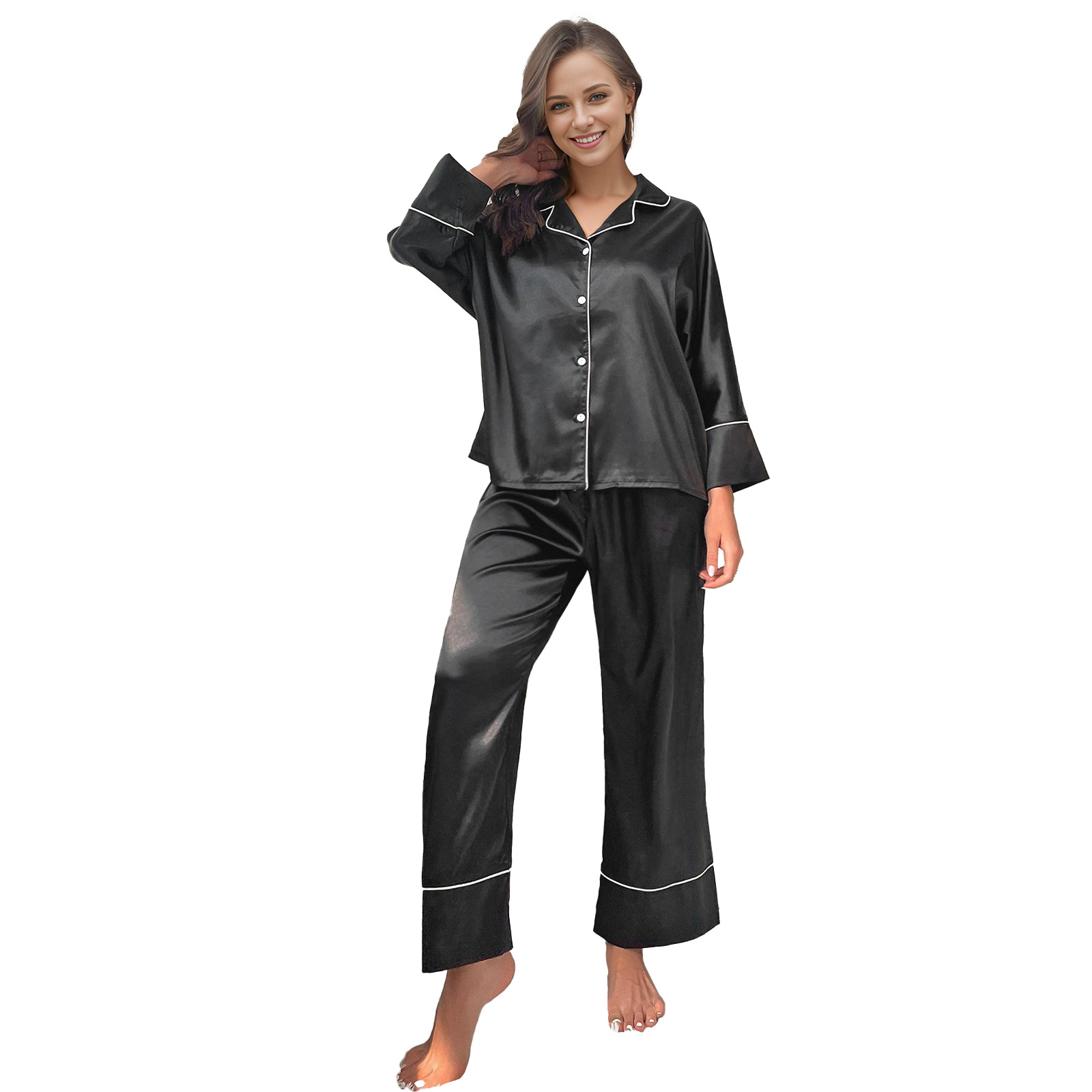 MLDRA Womens Pajamas Sets Long Sleeve Satin Pjs Silk Loungewear Button Down Shirt Long Pants Nigh... | Walmart (US)