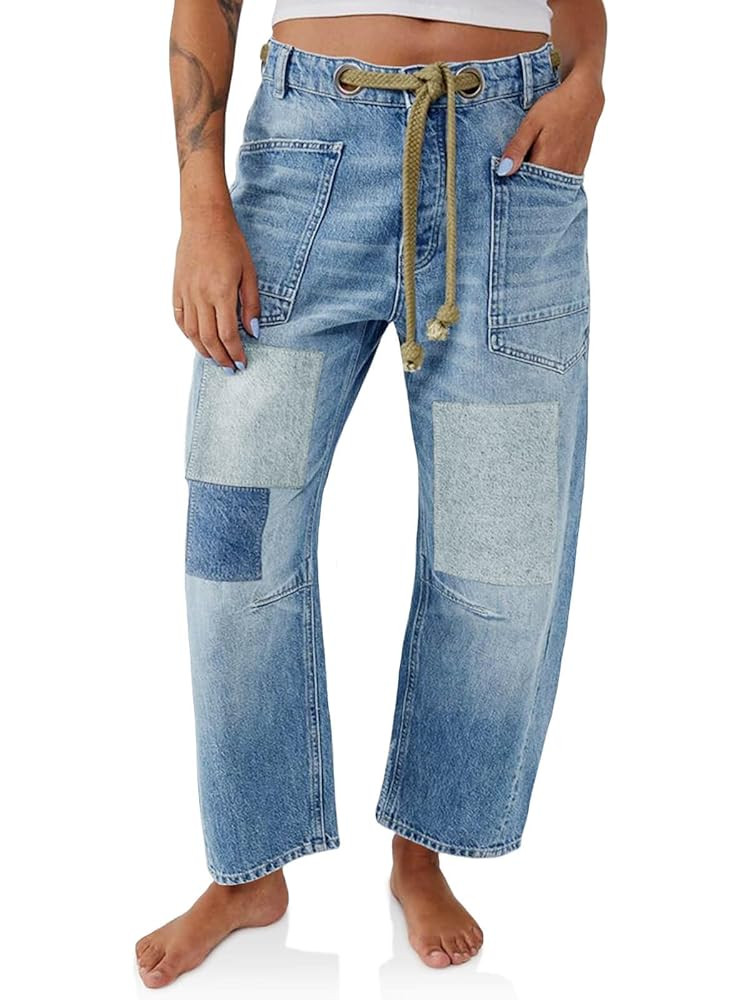 PLNOTME Womens Baggy Barrel Horseshoe Jeans Wide Leg Patchwork Low Rise Denim Pants with Pockets | Amazon (US)