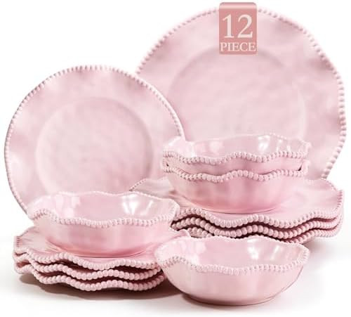 Pink Melamine Dinnerware Sets for 4,Scalloped Plates and Bowls Set with Beaded Edge, BPA Free Dis... | Amazon (US)
