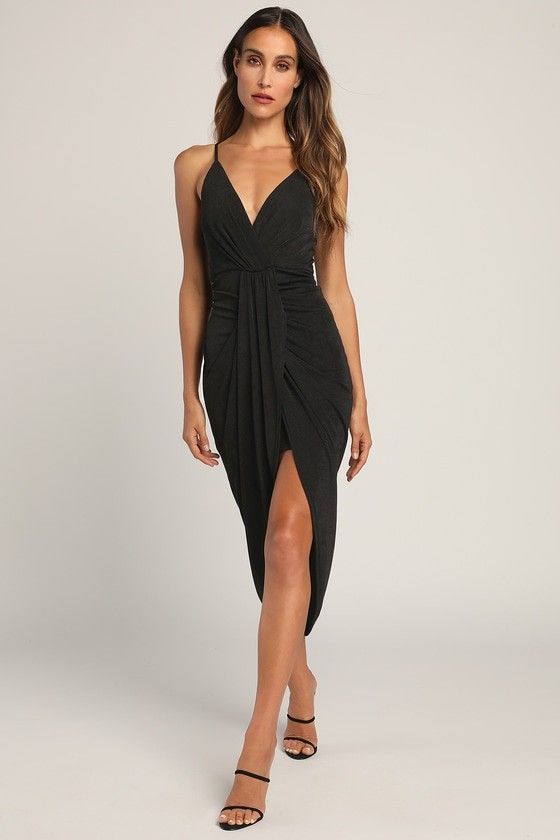 Dreamy Date Black Surplice Midi Dress - Wedding Guest Dresses | Lulus (US)