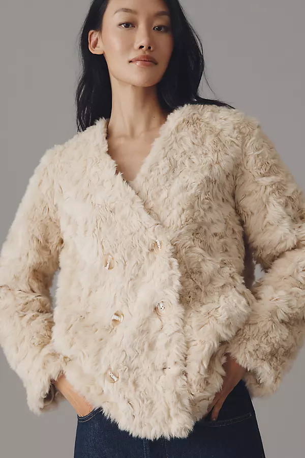 Maeve Faux Fur Collarless Double-Breasted Jacket | Anthropologie (US)