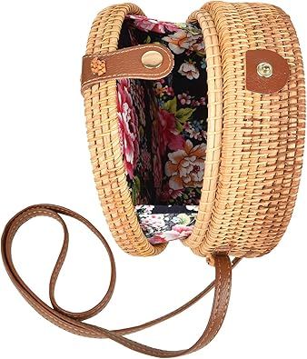 Handwoven Round Rattan Bag Tropical Beach Style Woven Shoulder Rattan Bag with Leather Strap | Amazon (US)