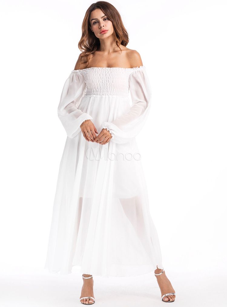 Women White Dress Chiffon Off The Shoulder Puff Long Sleeve Maxi Dress | Milanoo