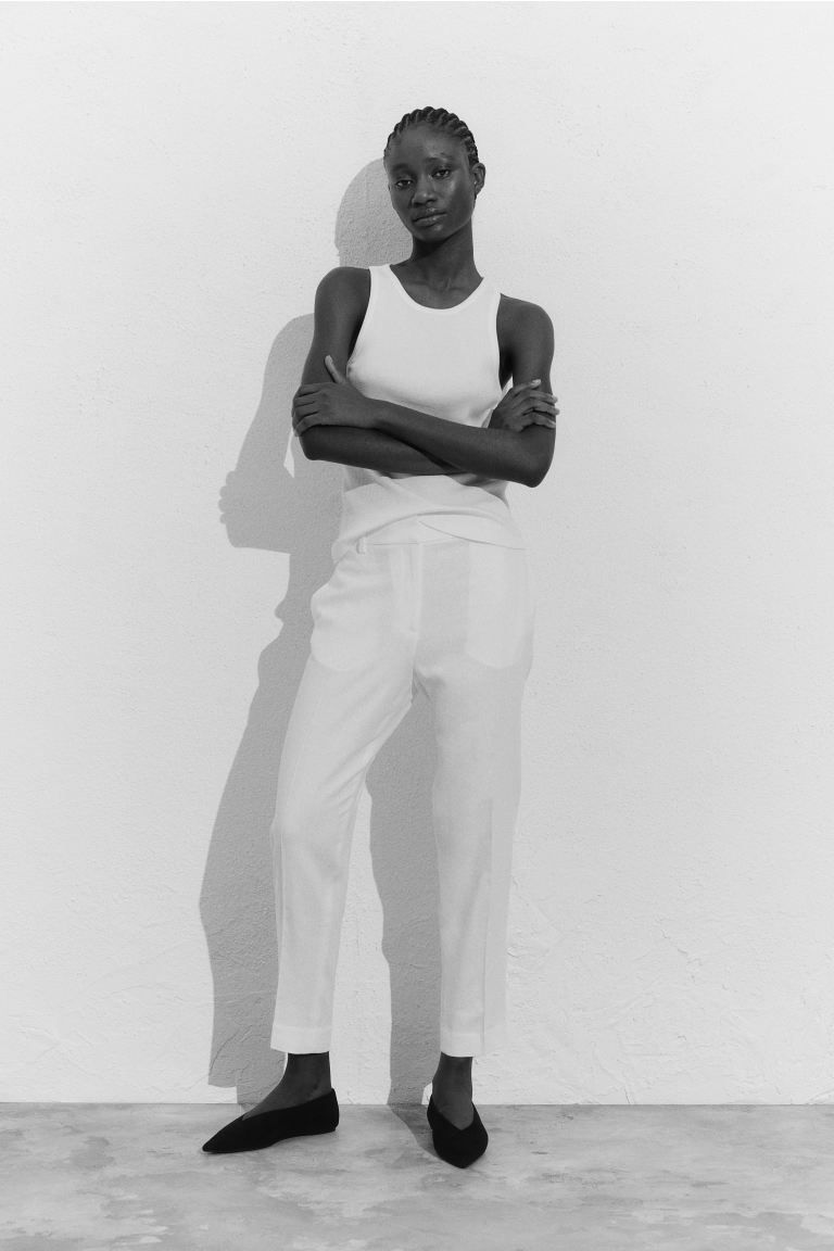 Linen-blend Pants - High waist - Long - White - Ladies | H&M US | H&M (US + CA)