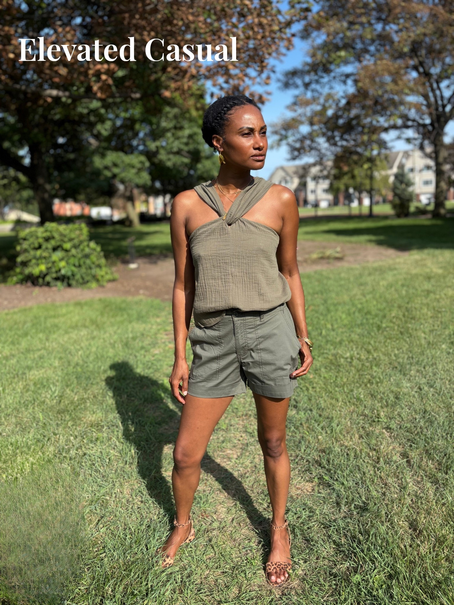 Love the ease and comfort  of this “elevated casual” front tie cross halter top by Myrtle&Flossie. Can dress it up or down and goes with a variety of bottoms. I paired it with these cute+comfy utility style shorts for a complete “safari chic” monochromatic look.

#LTKTravel #LTKStyleTip #LTKOver40