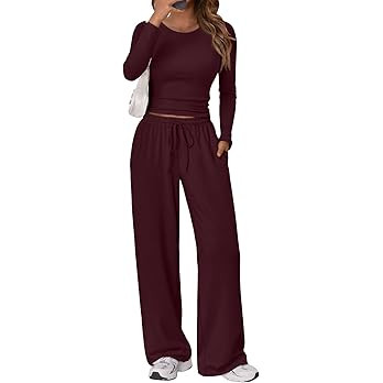 Trendy Queen Women's 2 Piece Matching Lounge Set Long Sleeve Slightly Crop Top Wide Leg Pants Cas... | Amazon (US)