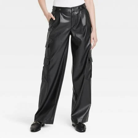 Women's High-Rise Straight Faux Leather Cargo Pants - A New Day Black 4 | Walmart (US)