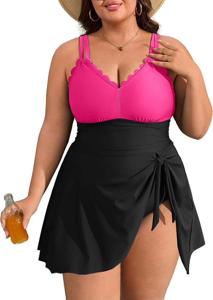 Charmo Plus Size Swimsuit for Women Swim Dress Scalloped One Piece Tummy Control Bathing Suit Ruc... | Amazon (US)