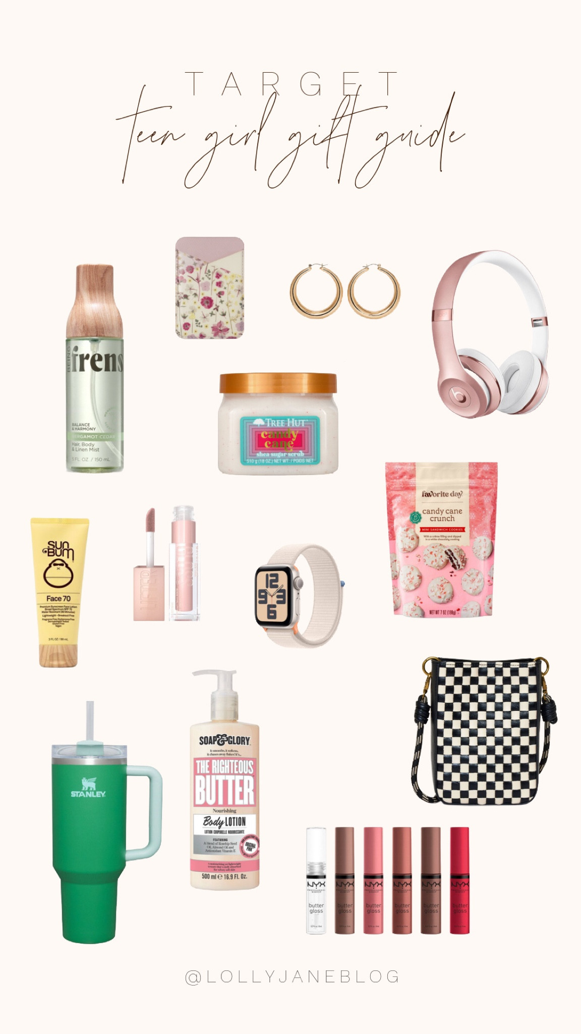 Target Teen Girl gift guide!! 💕 stocking stuffers for teen girls 🫶🏻

Sometimes teens can be hard to buy for. Seems like they all want the name brand stuff to show off to their friends, and that is totally okay! Here is a little gift guide to hopefully help us moms out a bit. Frenshe is my teens favorite body spray, and it goes perfectly with the nyx buttery sofy lip gloss, and the  mabelline gloss. Right along with beauty products, Sweet&glory lotions are always an amazing gift, with a treehut body scrub! spf since summer is now around the corner. A stanley of course for your teen to show off! Some peppermint goodies, and an apple watch, beat headphones, money holder opn phone, and some gold hoops to top things off. a checkered bag should also be a hit! Merry Christmas! 🎄 

#LTKSeasonal #LTKGiftGuide #LTKHoliday