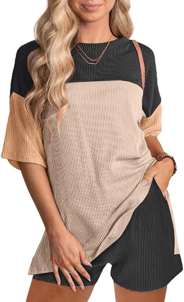 SHEWIN Women's 2 Piece Outfits Sweatsuit Crewneck Short Sleeve Color Block Knitted Shirts Tops Sh... | Amazon (US)