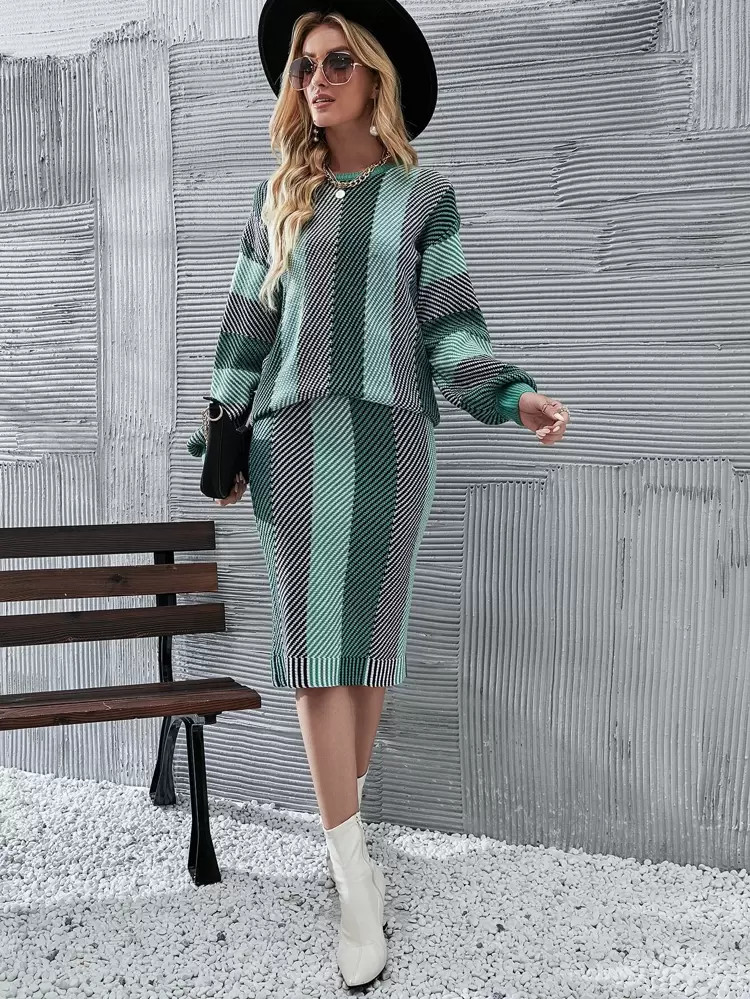 Striped Pattern Sweater & Knit Skirt | SHEIN